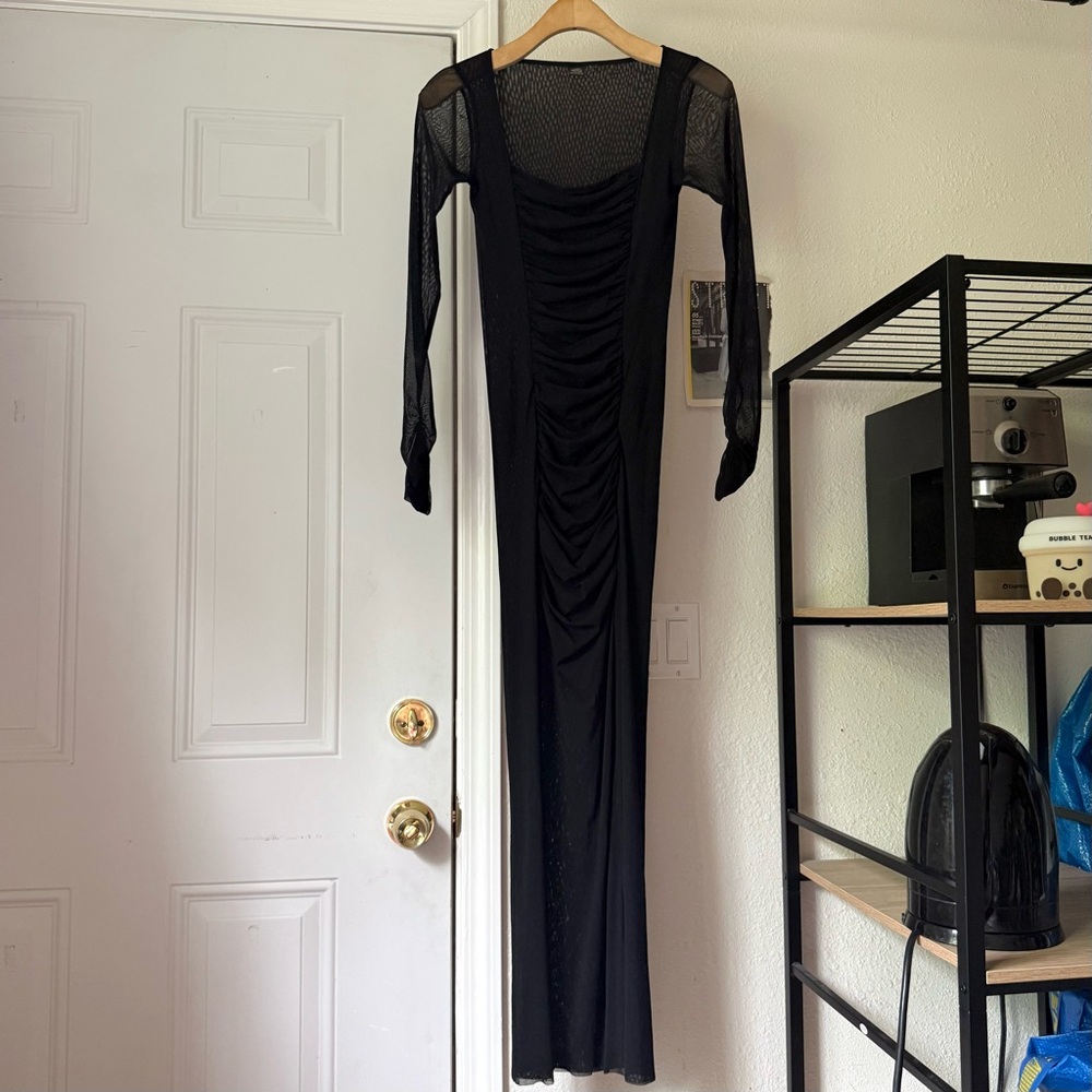 ONLY HEARTS NYC black knit mesh stretchy bodycon ruched maxi dress‎